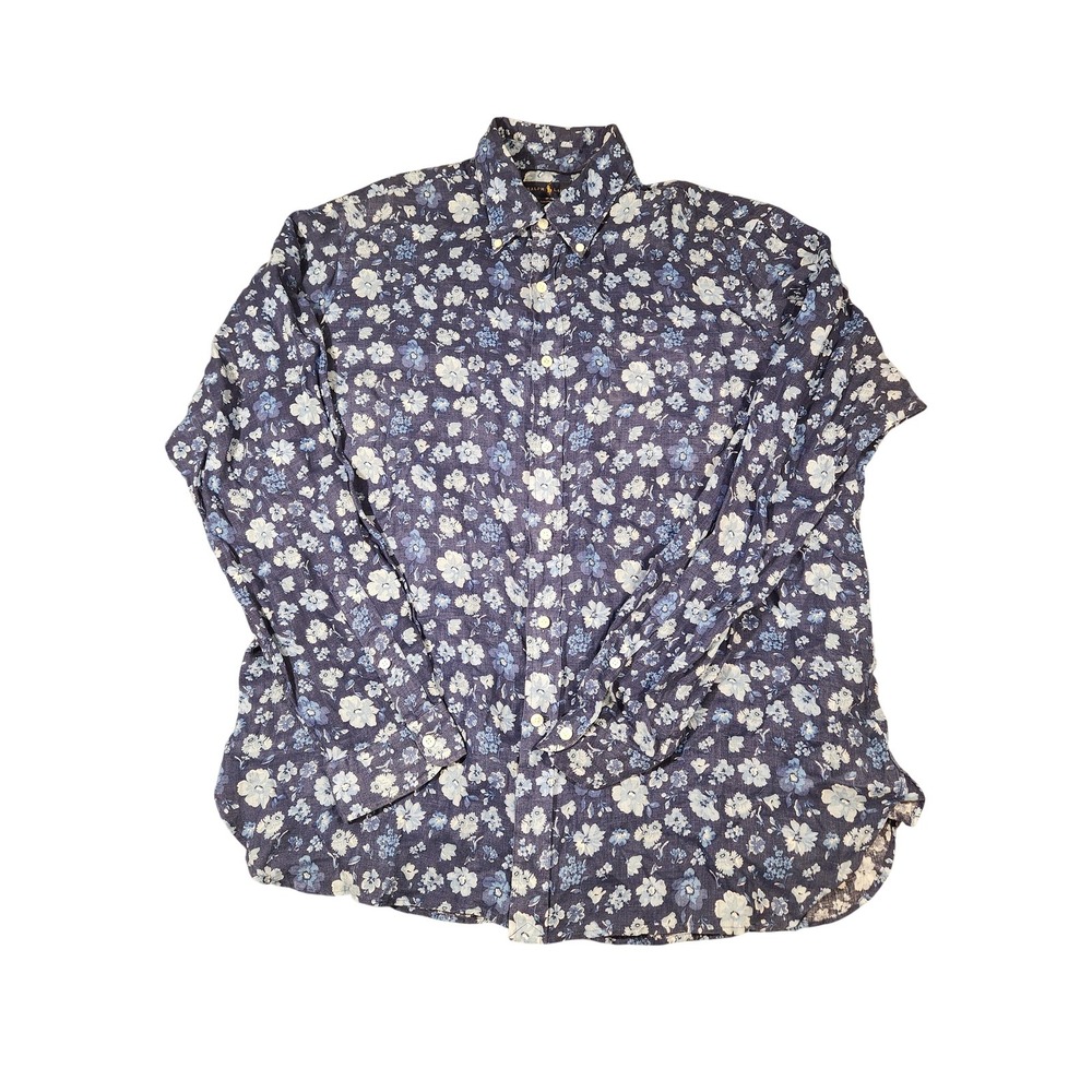 Ralph Lauren Shirt Mens XL Blue Floral Luxury Linen Button Down Casual Summer